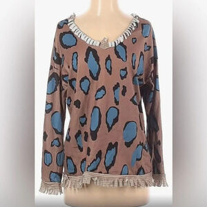 MISSLOOK scooped neck long sleeve sweater bold animal print fringe hems size 2X
